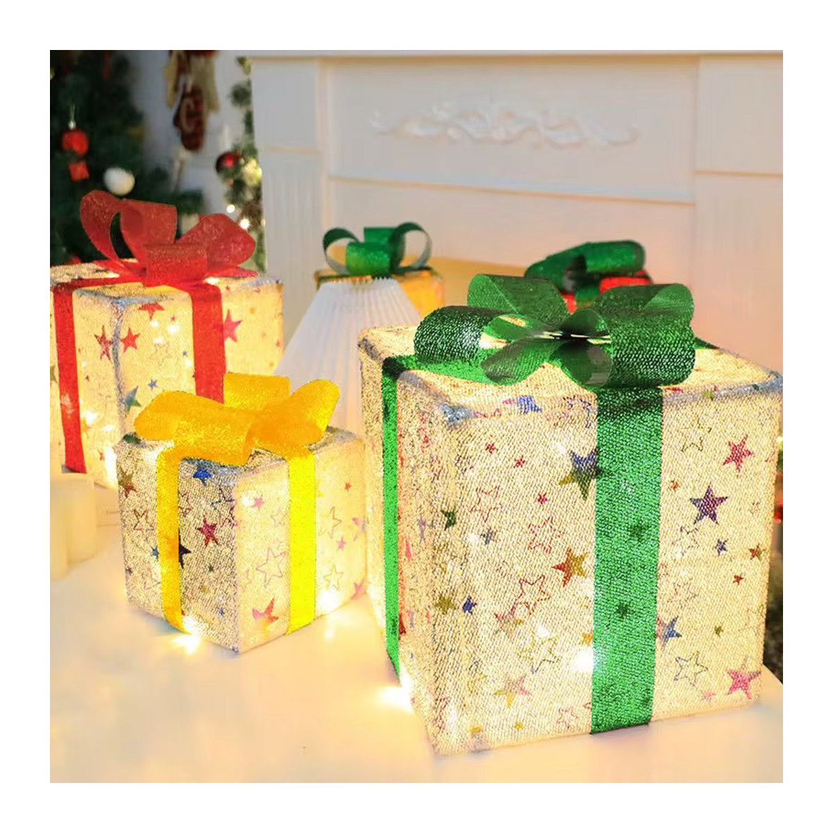 3er Set LED Geschenkboxen mit Elch, Sternen und Schneeflocken, wasserdichte Weihnachtsdekoration mit Batteriebetrieb - Bild 5