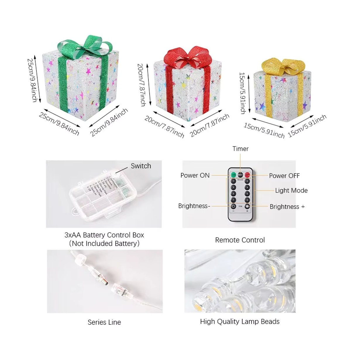 3er Set LED Geschenkboxen mit Elch, Sternen und Schneeflocken, wasserdichte Weihnachtsdekoration mit Batteriebetrieb - Bild 6