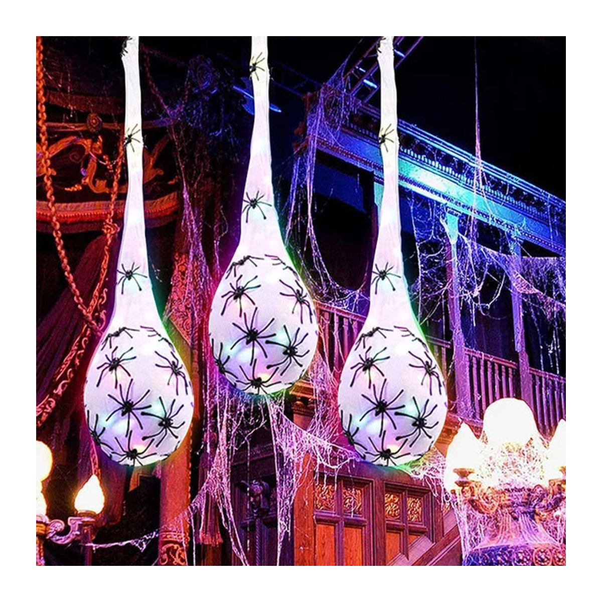 3er-Set leuchtende Halloween Spinneeier mit Spinnennetz als hängende Dekoration für Außenbereich, Wand und Veranda in Weiß und Mehrfarbig - Bild 1