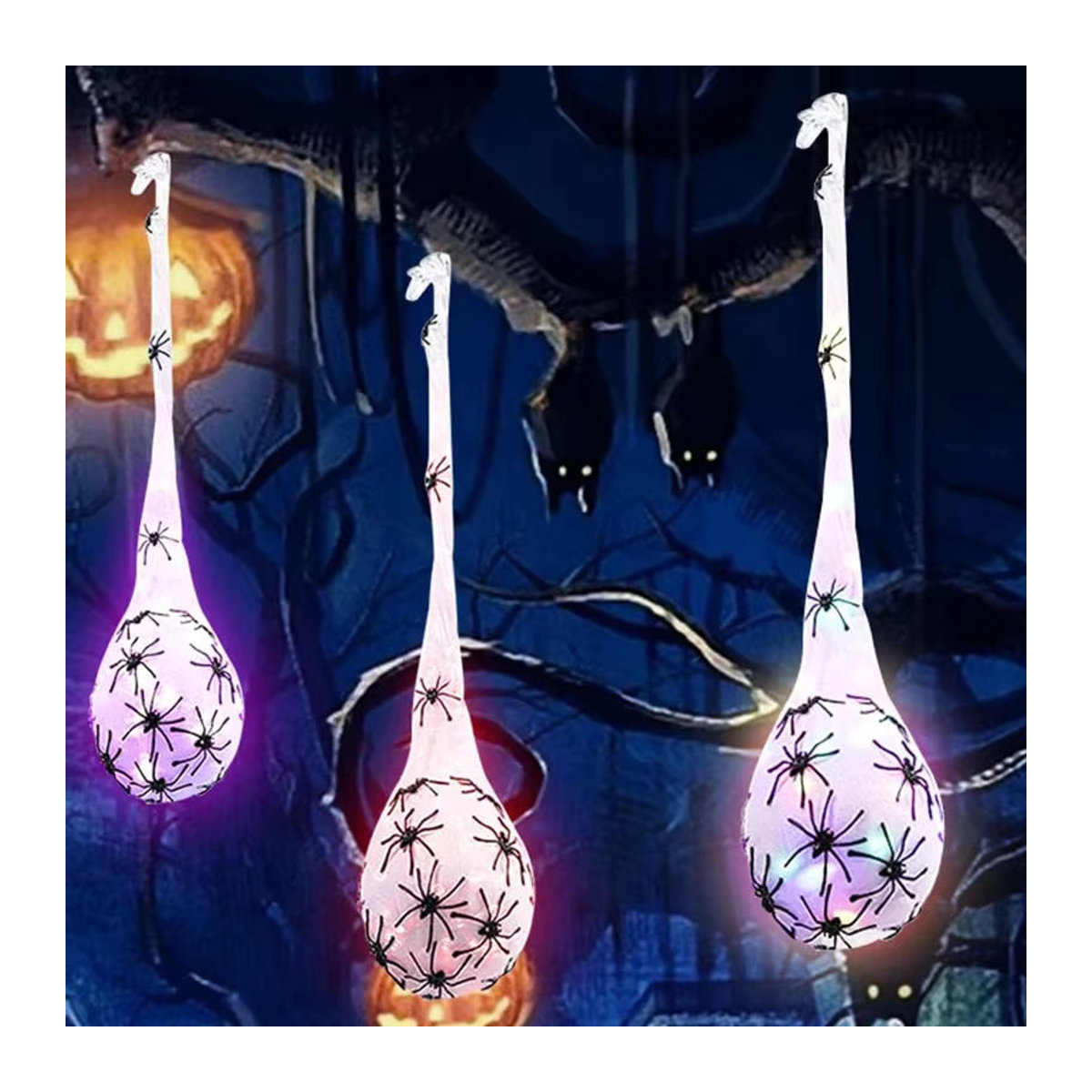 3er-Set leuchtende Halloween Spinneeier mit Spinnennetz als hängende Dekoration für Außenbereich, Wand und Veranda in Weiß und Mehrfarbig - Bild 3