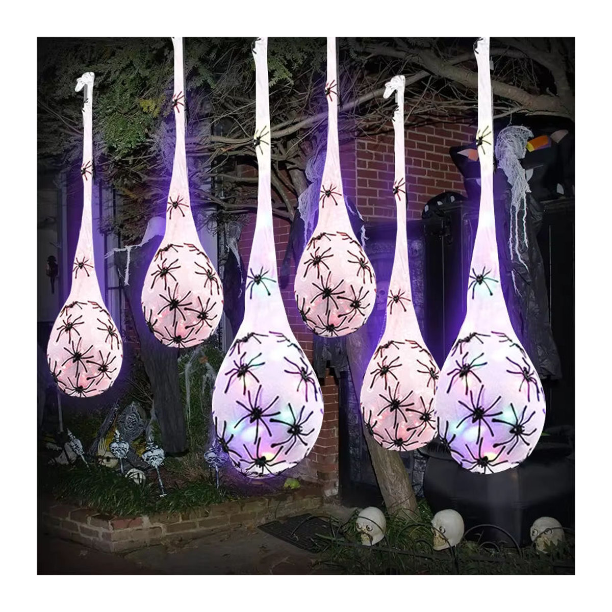 3er-Set leuchtende Halloween Spinneeier mit Spinnennetz als hängende Dekoration für Außenbereich, Wand und Veranda in Weiß und Mehrfarbig - Bild 4
