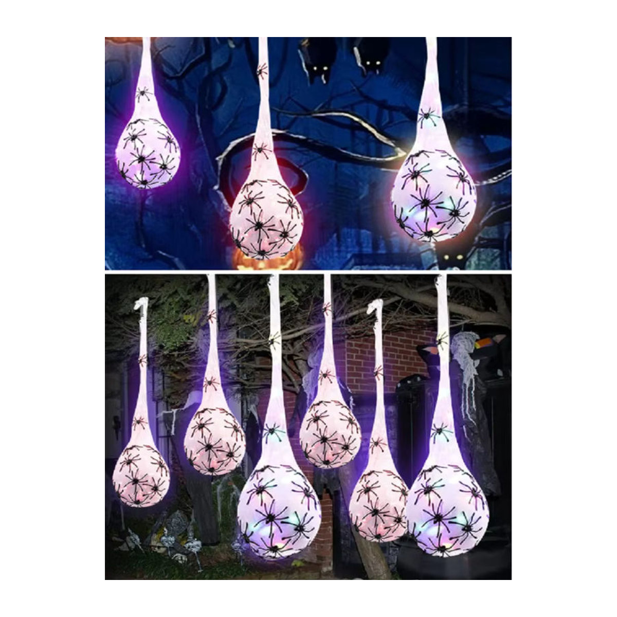 3er-Set leuchtende Halloween Spinneeier mit Spinnennetz als hängende Dekoration für Außenbereich, Wand und Veranda in Weiß und Mehrfarbig - Bild 6