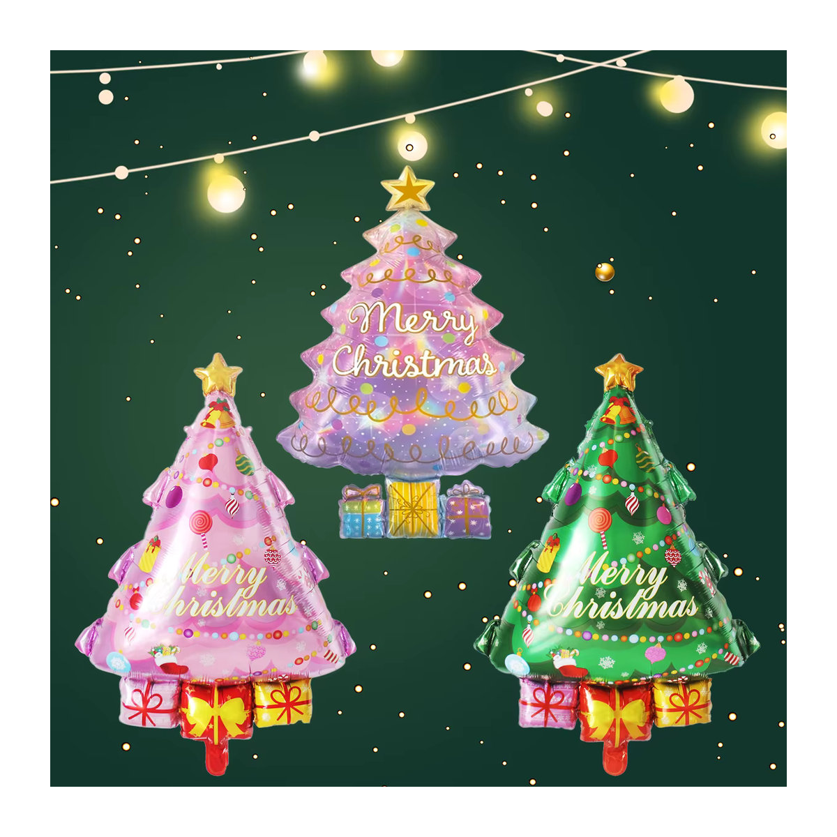 3er Set mehrfarbige Weihnachtsbaum Folienballons aus Kunststoff für deine Weihnachtsdekoration - Bild 2