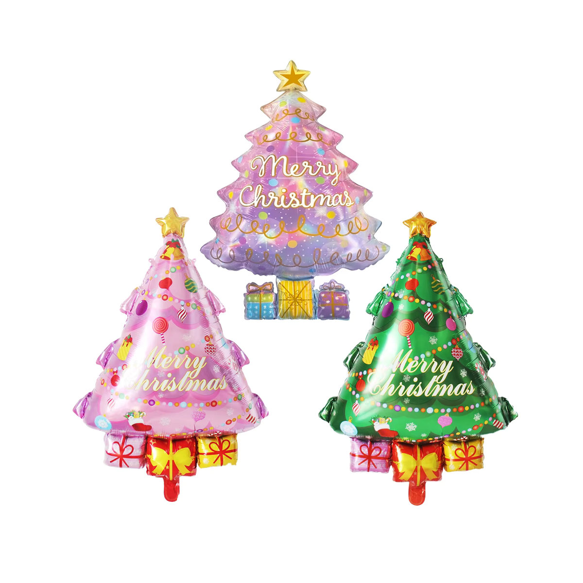 3er Set mehrfarbige Weihnachtsbaum Folienballons aus Kunststoff für deine Weihnachtsdekoration - Bild 3