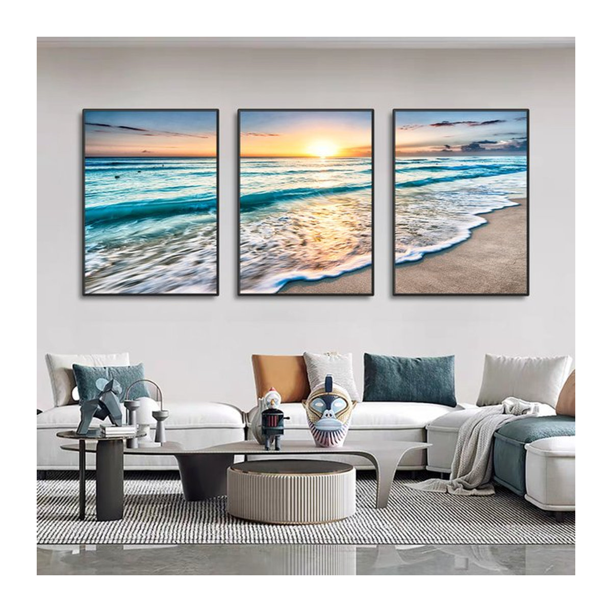 3er Set Moderne Leinwandbilder mit Meeresmotiv Strand und Sonnenuntergang in Mehrfarbig, Querformat, Rahmenlos - Bild 1