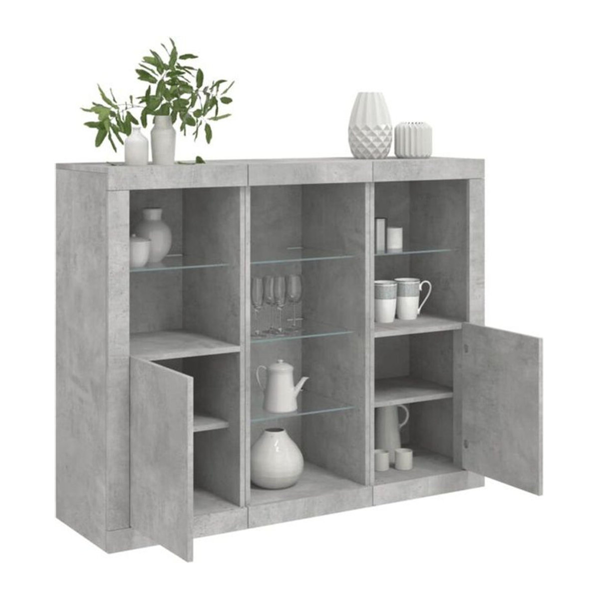 3er Set moderne Sideboards mit LED-Leuchten aus Holzwerkstoff und Glas in Betongrau von VIDAXL - Bild 1