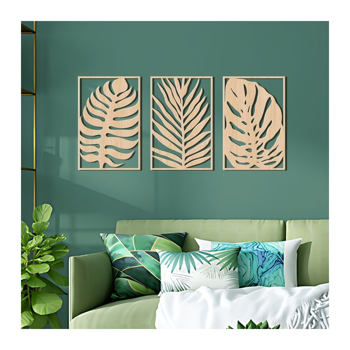 3er-Set moderner 2D-Wandbehang aus Holz in Beige mit floralem Blättermotiv, Dschungel-Thema Wanddekoration, Höhe: 30 cm - Bild 1