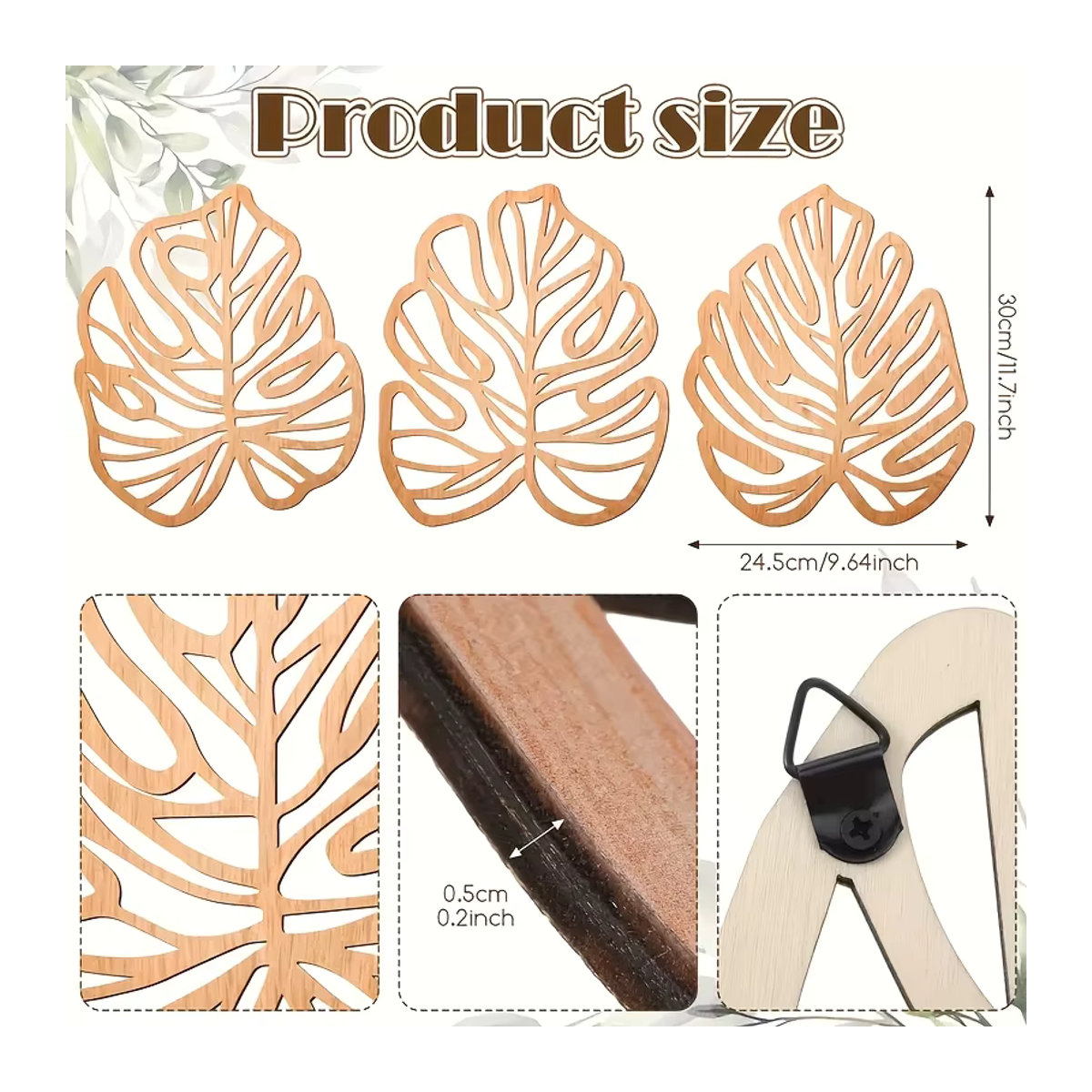 3er-Set moderner 2D-Wandbehang aus Holz in Beige mit floralem Blättermotiv, Dschungel-Thema Wanddekoration, Höhe: 30 cm - Bild 3
