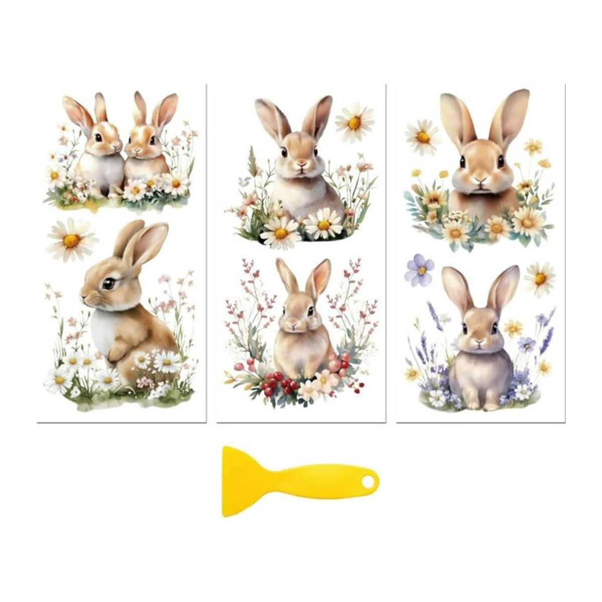 3er Set Rub on Transfer-Aufkleber mit Osterblumen und Kaninchen, wasserfest und UV-DTF, mehrfarbig, B: 30,5 cm, H: 15,2 cm - Bild 1