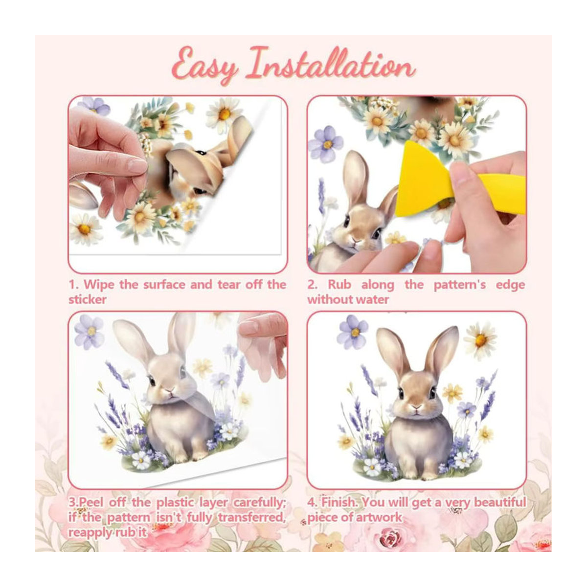3er Set Rub on Transfer-Aufkleber mit Osterblumen und Kaninchen, wasserfest und UV-DTF, mehrfarbig, B: 30,5 cm, H: 15,2 cm - Bild 2