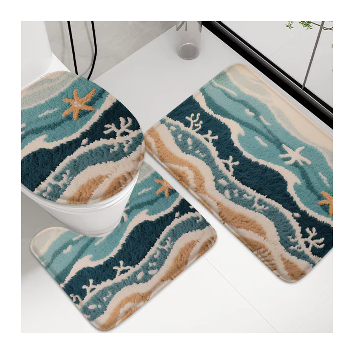 3er-Set rutschfeste Badematten aus Flanell in Unterwasser-Design, U-förmige Toilettenmatte und saugfähige Bodenmatten, mehrfarbig, Marke Jiji Hou - Bild 1
