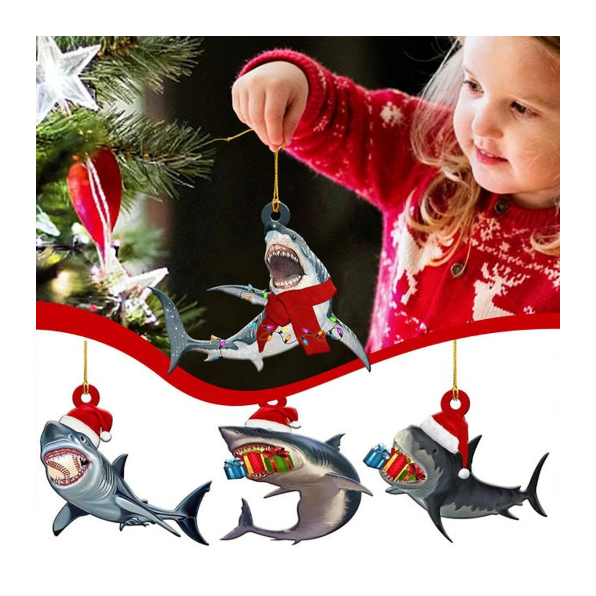 3er-Set Strong-Toyers Haie-Hängeornamente in mehrfarbigem Design für Weihnachtsbaum und maritime Dekoration - Bild 1