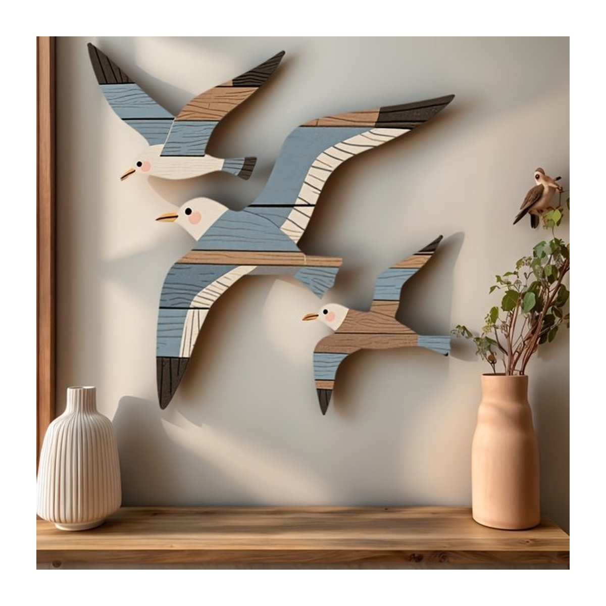 3er-Set Wanddekoration aus Holz in Möwen-Optik, Maritimes Wandkunst-Set für Wohnzimmer und Schlafzimmer, Mehrfarbig und Gestreift - Bild 1