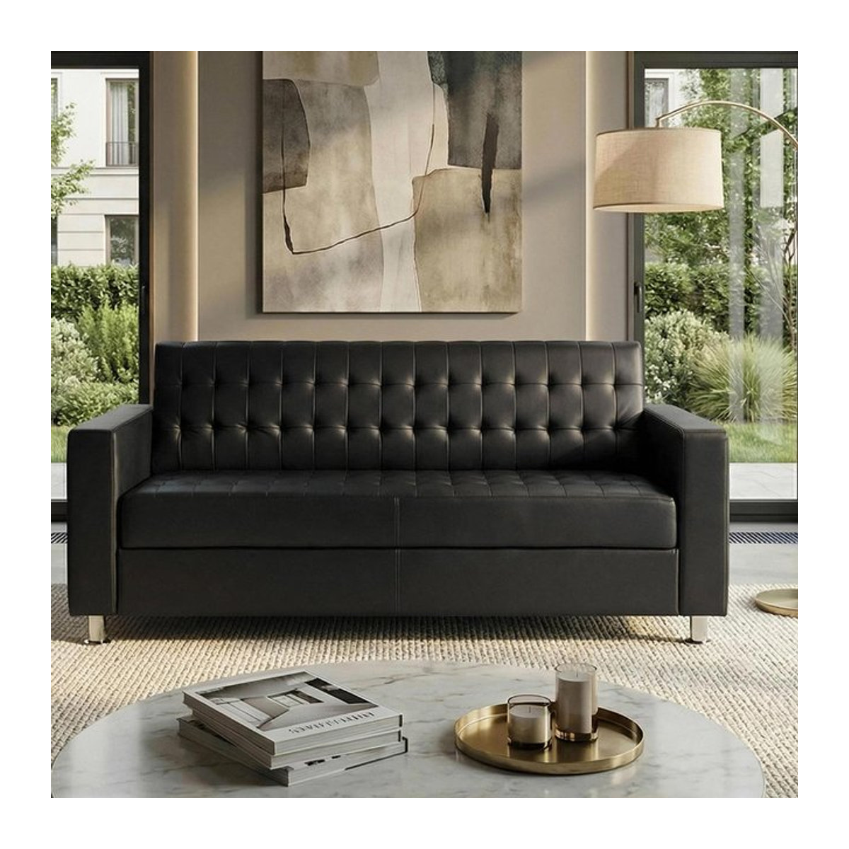 3er Sofa Pori Loungesofa von MCW in Schwarz aus Kunstleder mit Metall-Füßen, Breite: 180 cm - Bild 1