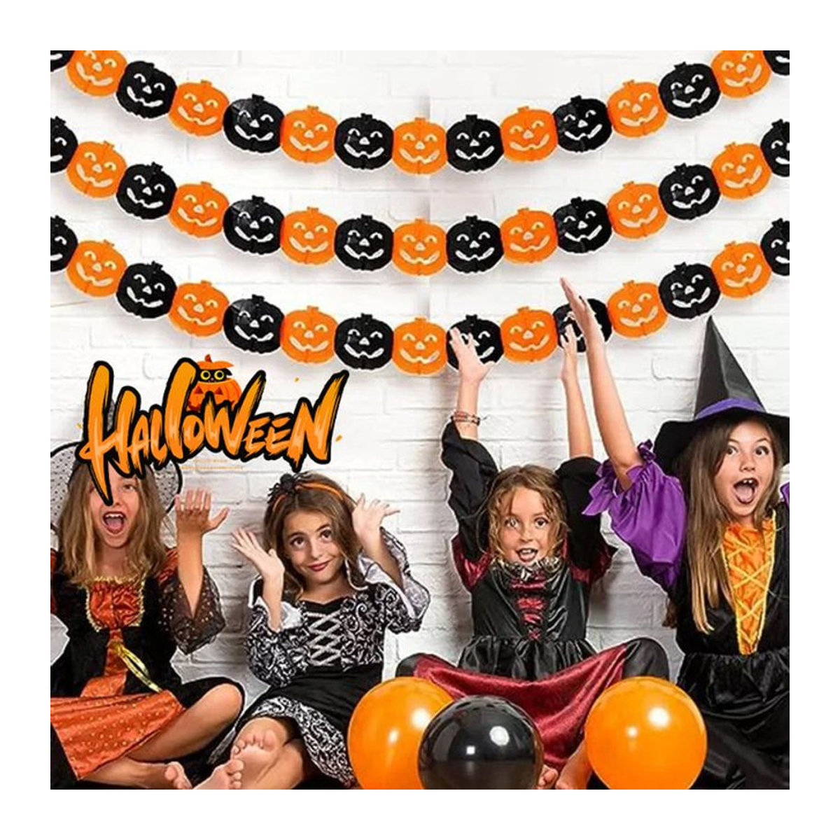 3M Halloween Papiergirlande mit Kürbissen, Fledermäusen und Spinnen in Schwarz und Orange als hängende Dekoration - Bild 1