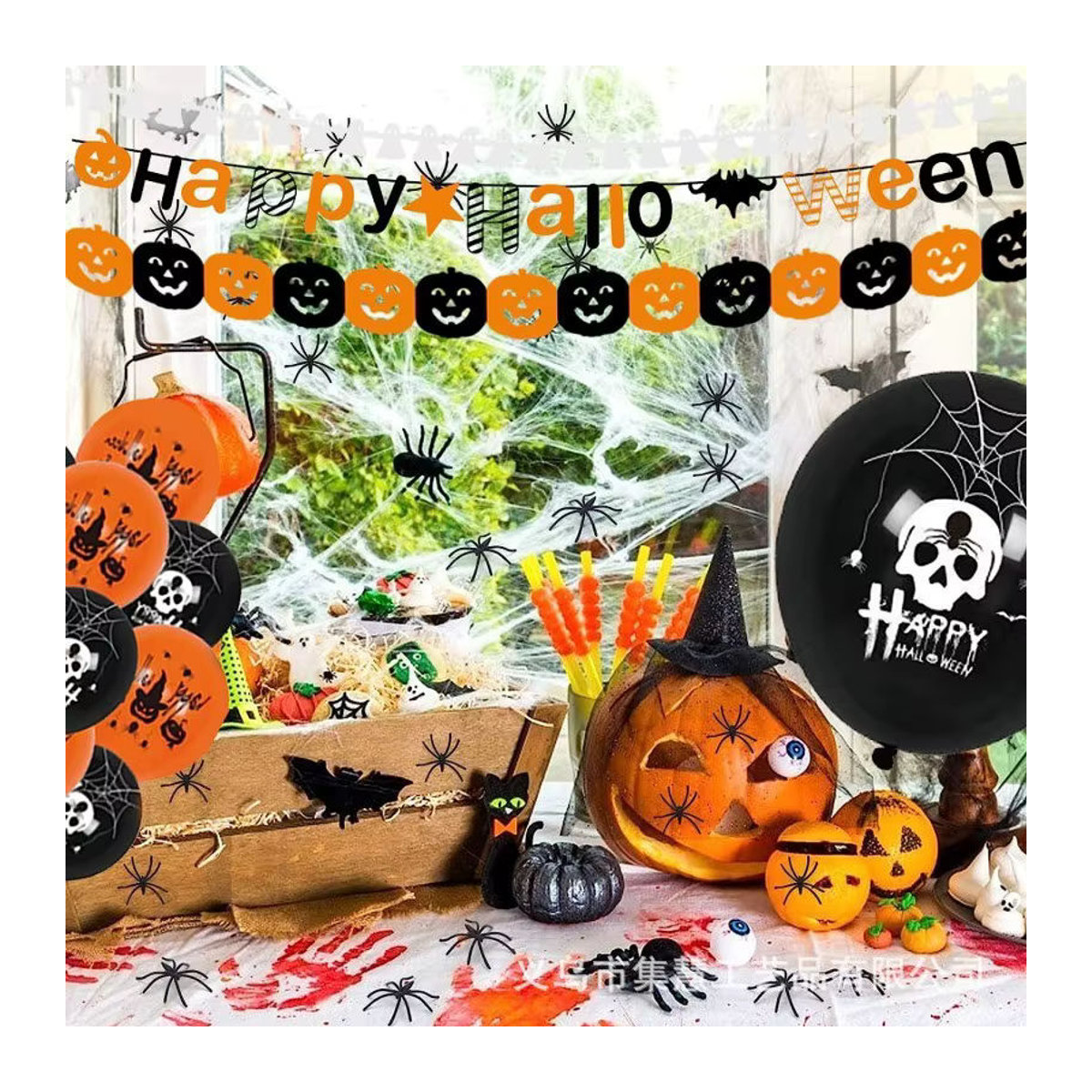 3M Halloween Papiergirlande mit Kürbissen, Fledermäusen und Spinnen in Schwarz und Orange als hängende Dekoration - Bild 2