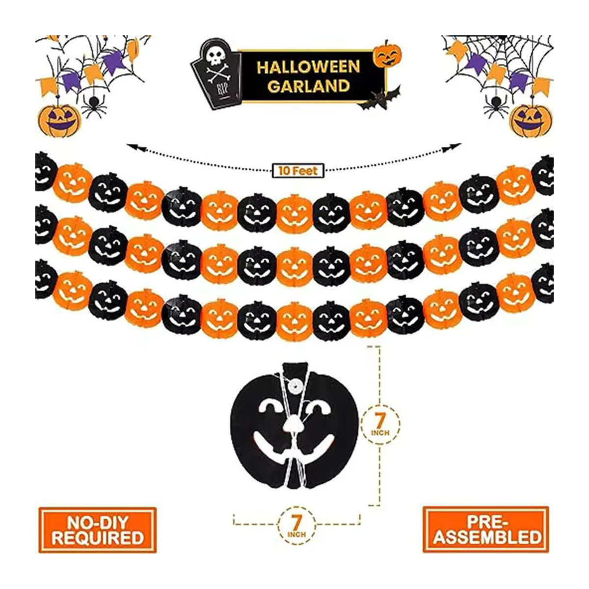 3M Halloween Papiergirlande mit Kürbissen, Fledermäusen und Spinnen in Schwarz und Orange als hängende Dekoration - Bild 3