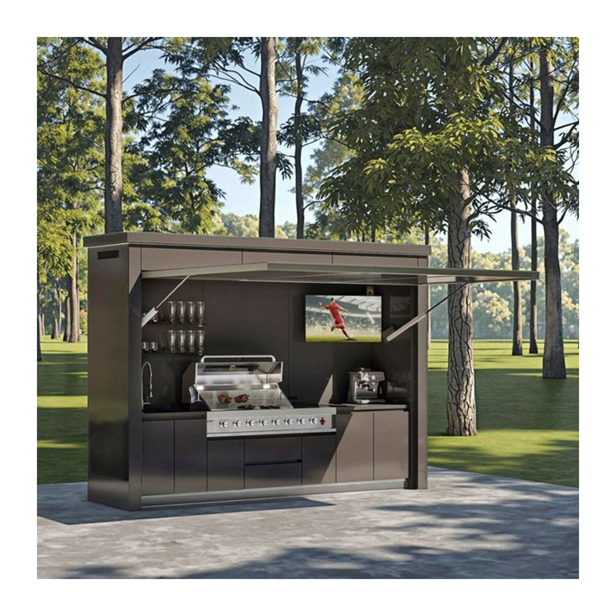 4 Seasons Outdoor Küchenschrank aus schwarzem Edelstahl für den Außenbereich und Grillinsel mit Schuppen - Bild 1