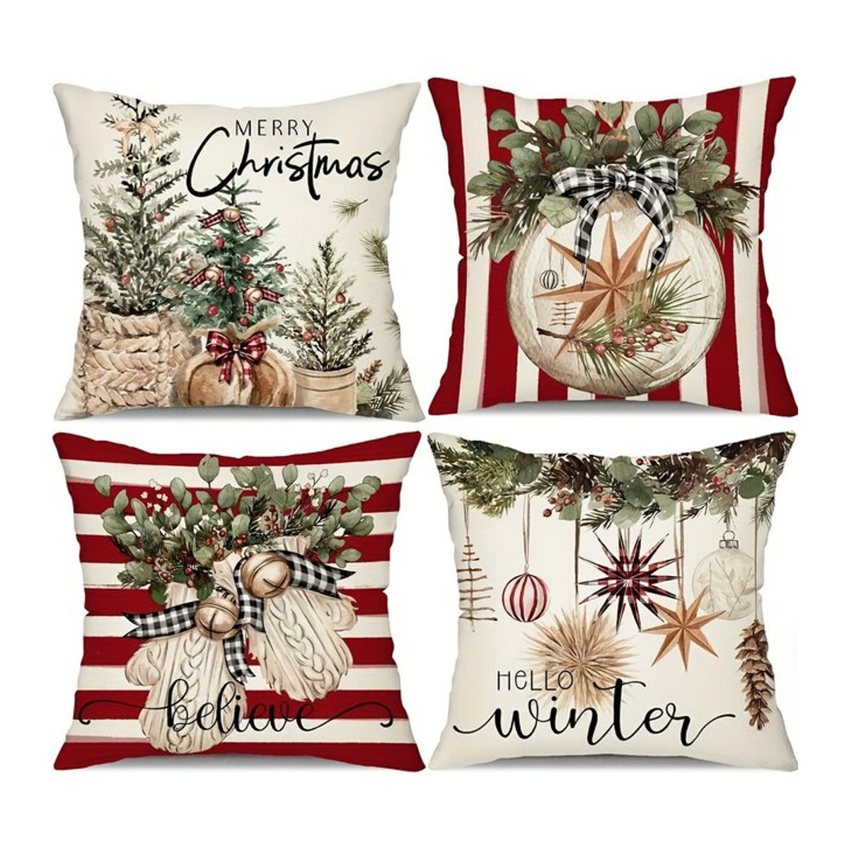 4 Stück Leinen Kissenbezüge mit Weihnachtsbaum-Motiv für Wohnzimmer und Schlafzimmer ohne Füllung - Bild 1