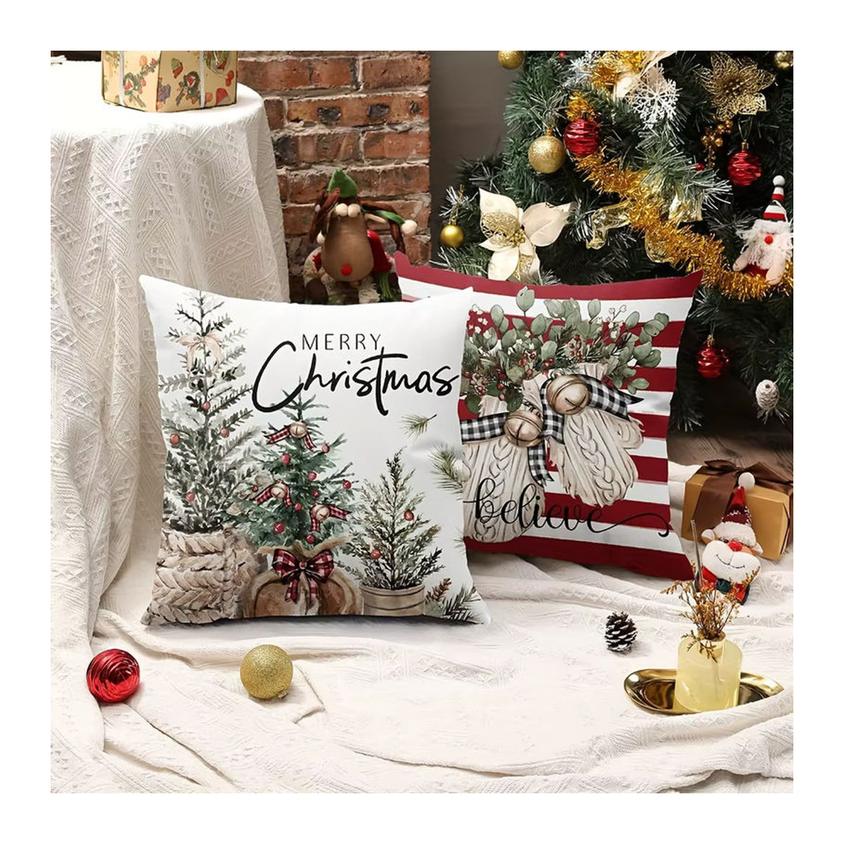 4 Stück Leinen Kissenbezüge mit Weihnachtsbaum-Motiv für Wohnzimmer und Schlafzimmer ohne Füllung - Bild 2