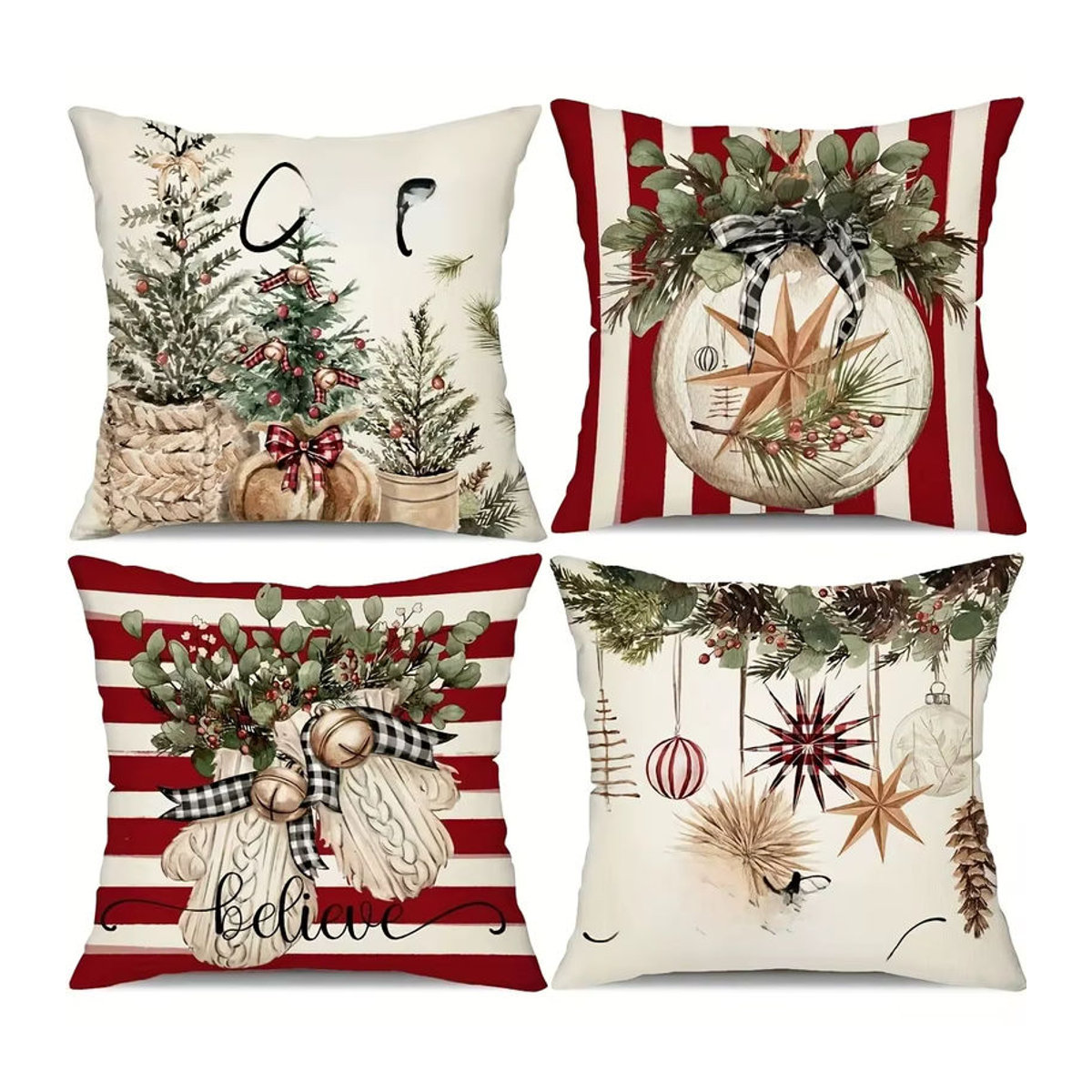 4 Stück Leinen Kissenbezüge mit Weihnachtsbaum-Motiv für Wohnzimmer und Schlafzimmer ohne Füllung - Bild 4
