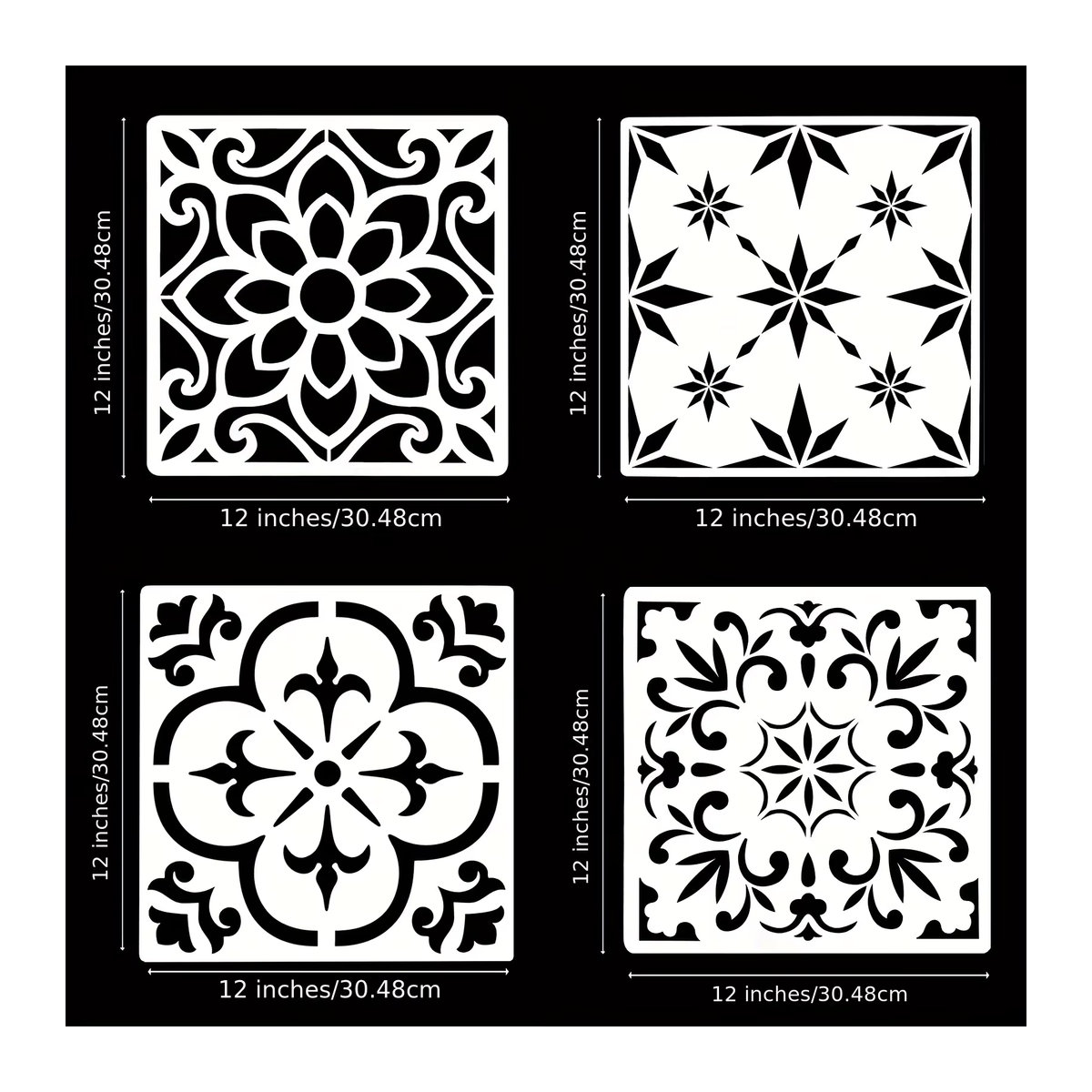 4 Stück Mandala-Schablonen mit Fliesenmuster in Weiß, geometrische und orientalische Malvorlagen aus Kunststoff, Breite: 30,48 cm, Höhe: 30,48 cm, Tiefe: 30,48 cm - Bild 2