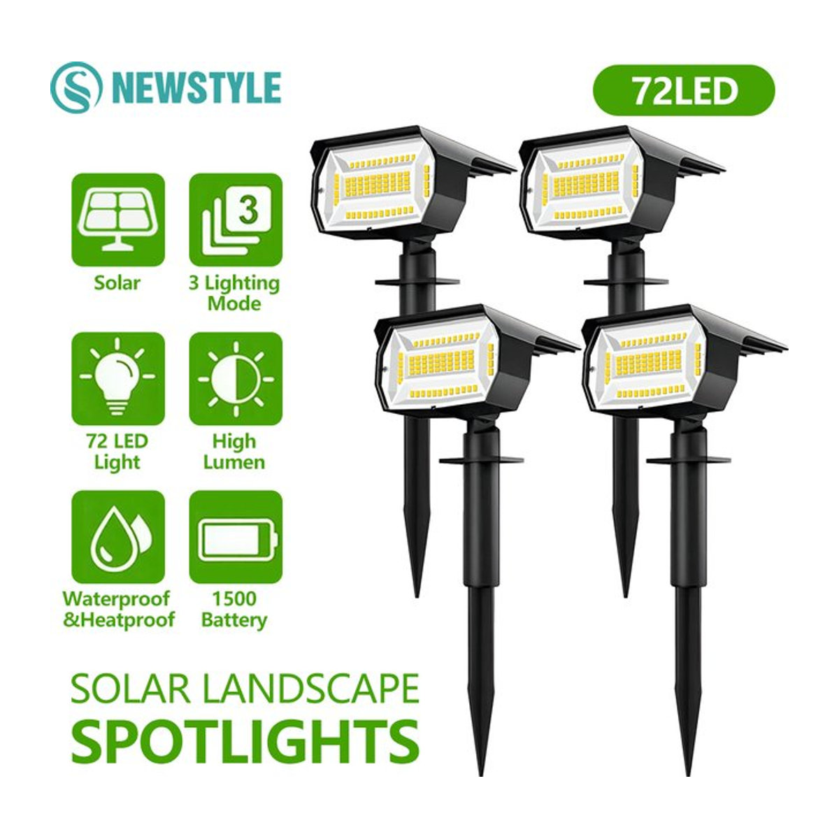 4 Stück Solar-Landschaftsstrahler mit 72 LED, wasserdichte Solar-Gartenleuchten in Schwarz für Zaun, Wand, Hinterhof und Garage, modernes Design - Bild 1