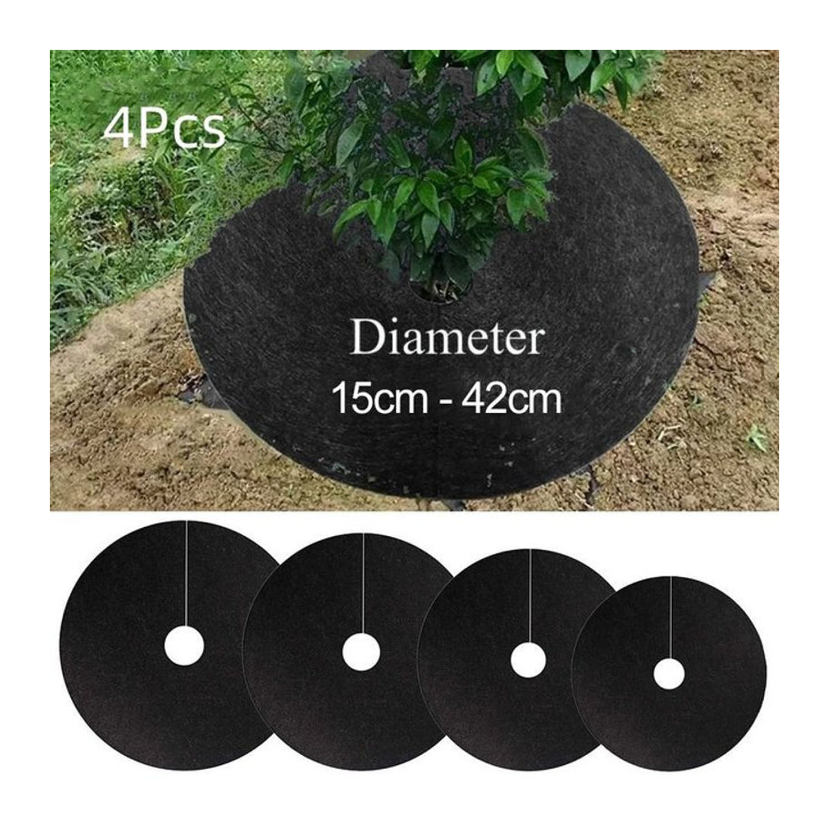4 Stück Vlies Mulchringe als Unkraut Barriere und Pflanzenschutz in Schwarz, Durchmesser: 15 cm bis 42 cm - Bild 1