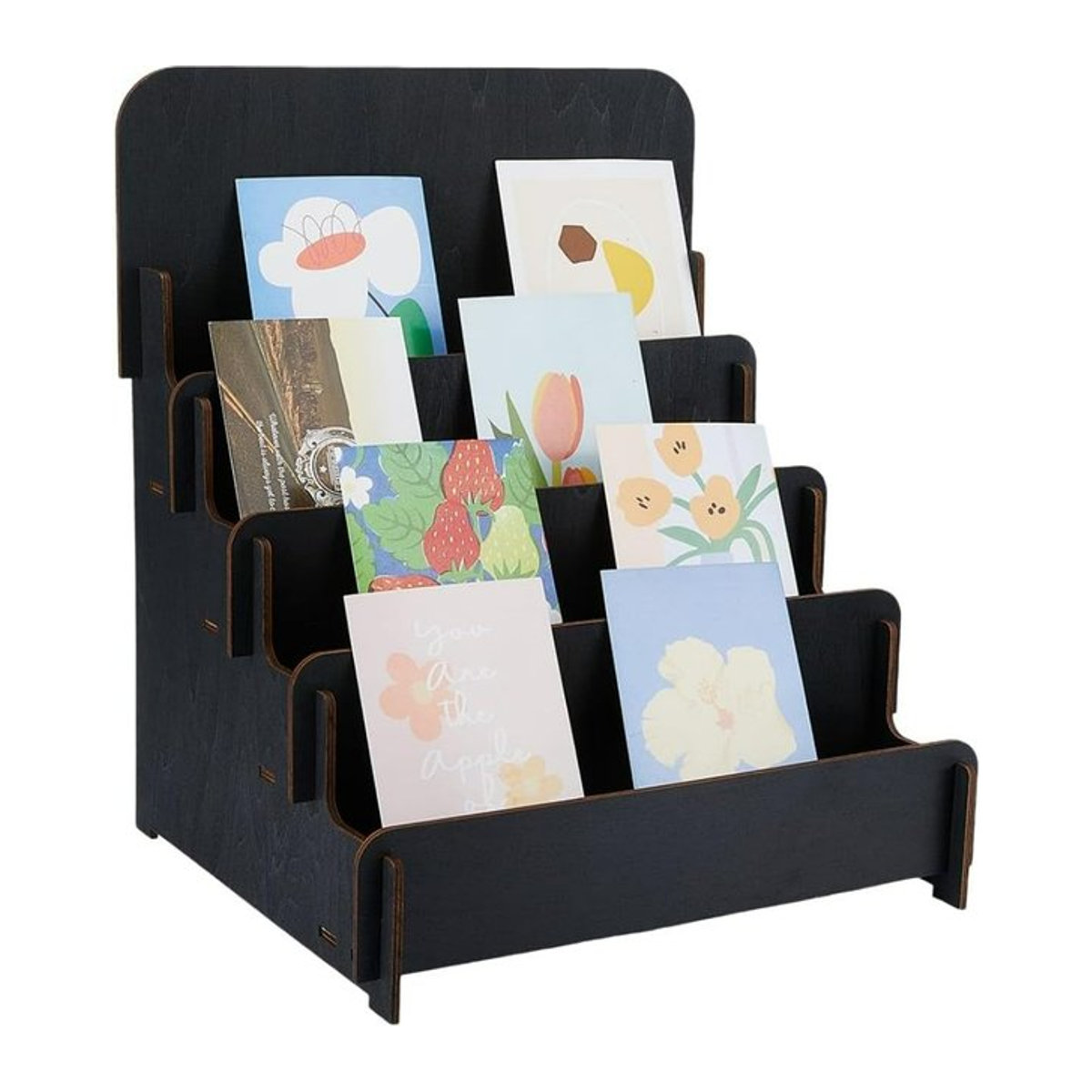 4-stufiger Aufkleber-Ausstellungsständer aus Holz in Schwarz für Grußkarten, Postkarten und Broschüren - Bild 1