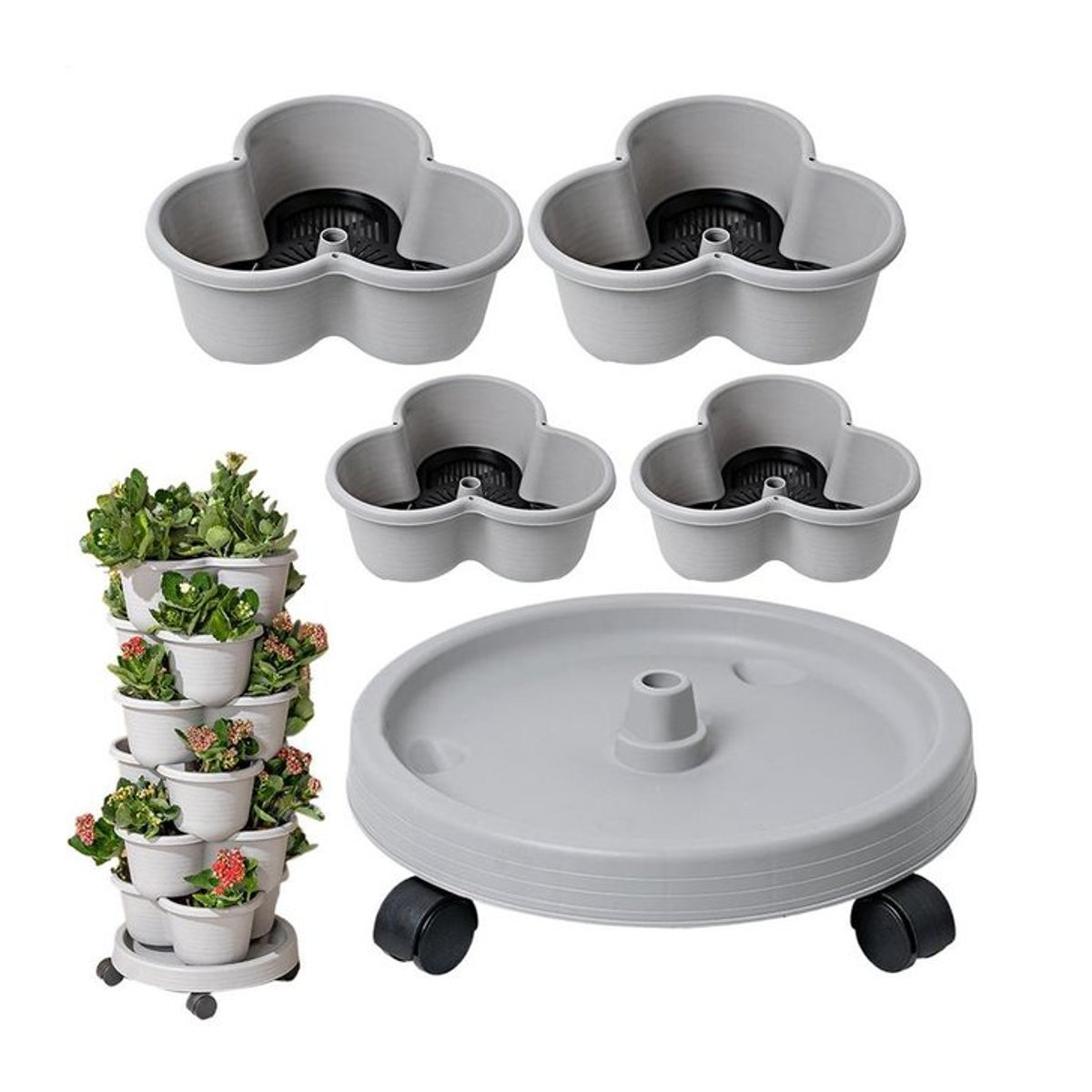4-stufiger Pflanzenturm stapelbarer vertikaler Blumentopf mit beweglichem Tablett für Gemüse und Erdbeeren - Bild 1