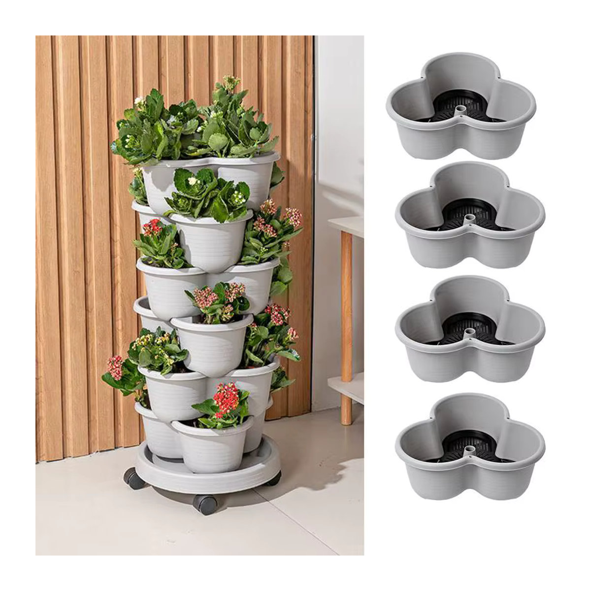 4-stufiger Pflanzenturm stapelbarer vertikaler Blumentopf mit beweglichem Tablett für Gemüse und Erdbeeren - Bild 2