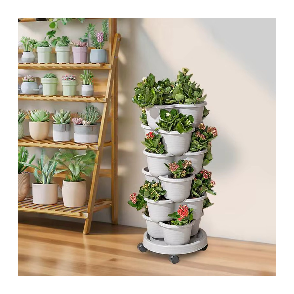 4-stufiger Pflanzenturm stapelbarer vertikaler Blumentopf mit beweglichem Tablett für Gemüse und Erdbeeren - Bild 3