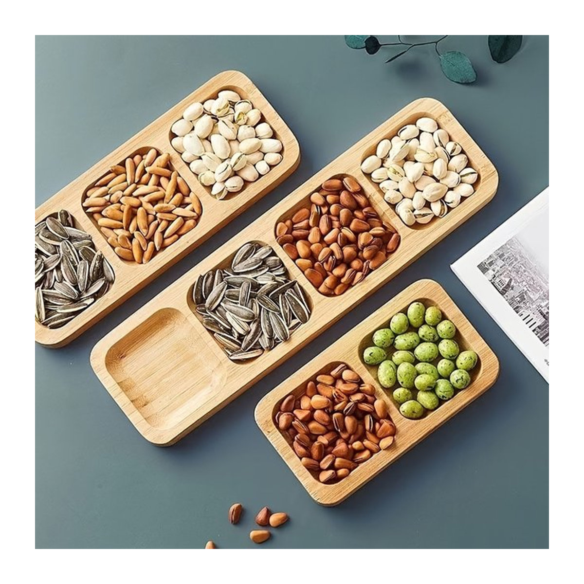 4-teiliges Bambus-Snack-Serviertablett in Braun für Nüsse, Obst und Süßigkeiten - Bild 1