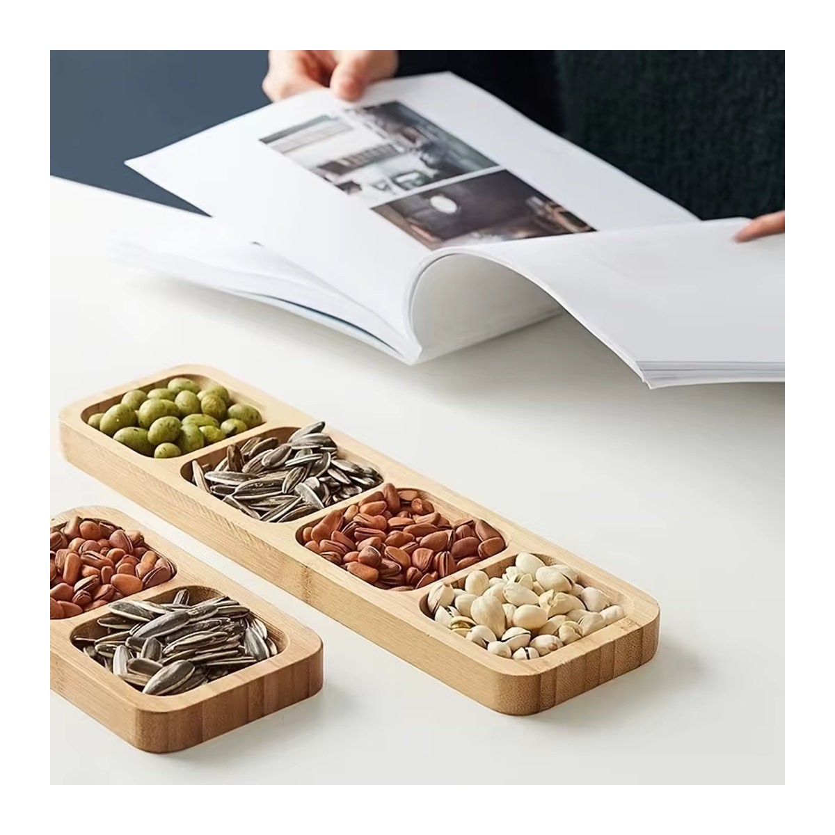 4-teiliges Bambus-Snack-Serviertablett in Braun für Nüsse, Obst und Süßigkeiten - Bild 2