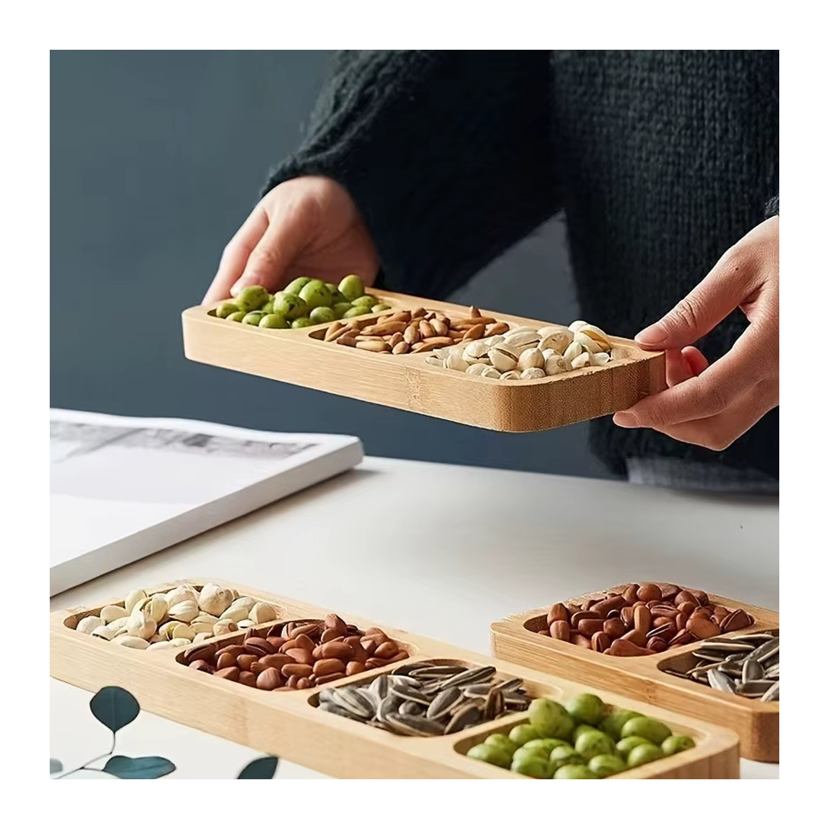 4-teiliges Bambus-Snack-Serviertablett in Braun für Nüsse, Obst und Süßigkeiten - Bild 3