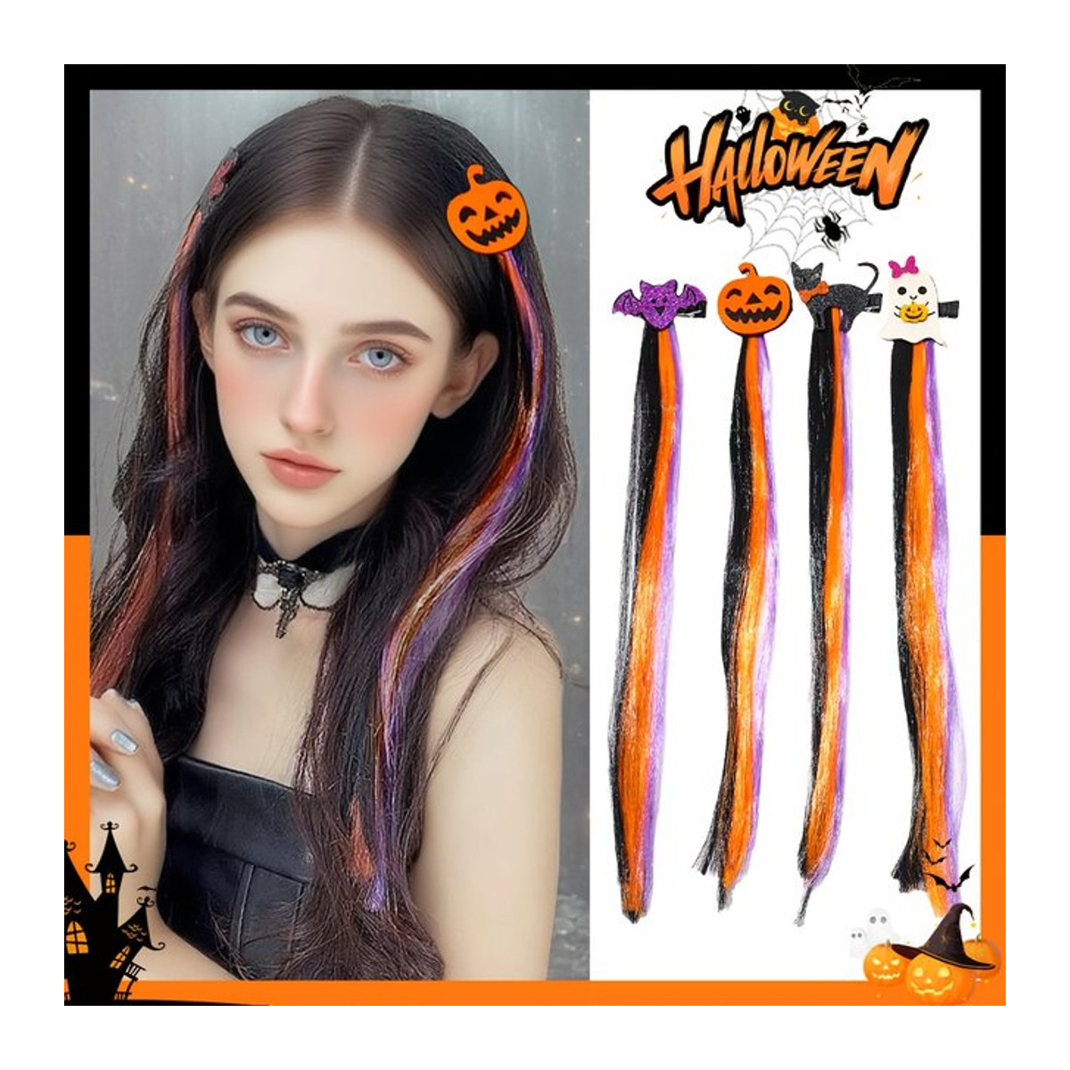 4-teiliges Halloween-Dekorationsset mit Fledermäusen, Kürbissen, Katzen und Geistern in Mehrfarbig, Textil - Bild 1