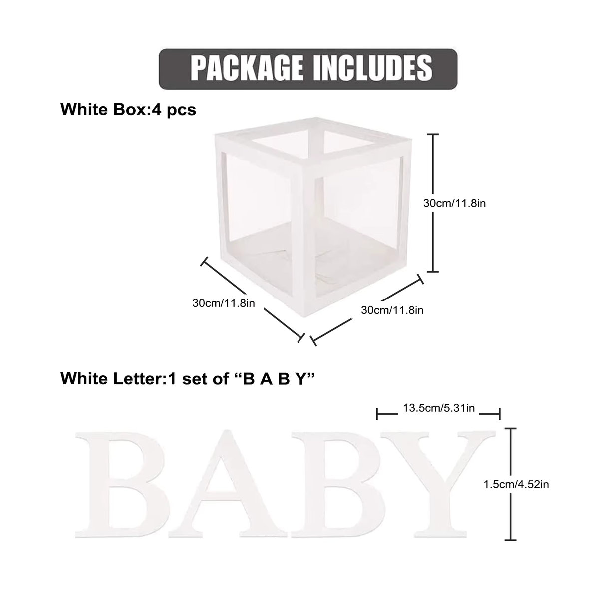 4-teiliges Set transparente Babyparty-Ballonboxen mit Buchstaben in Weiß und Transparent zur Dekoration - Bild 2