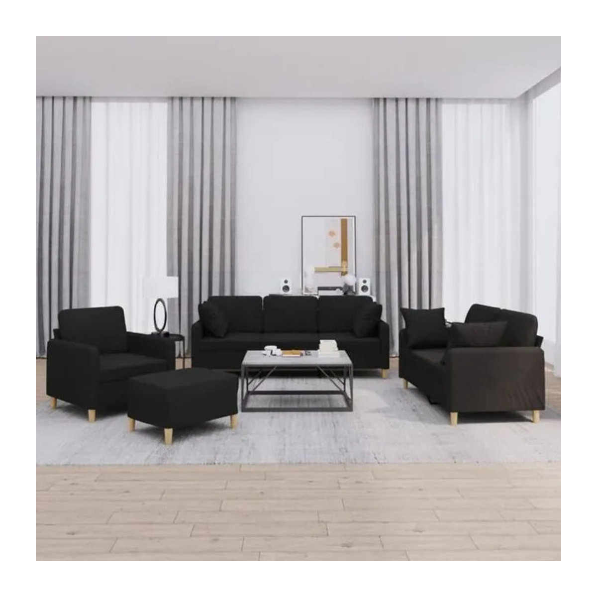 4-tlg. Sofagarnitur vidaxl in Schwarz aus Stoff und Metall mit Kissen im modernen Design - Bild 1