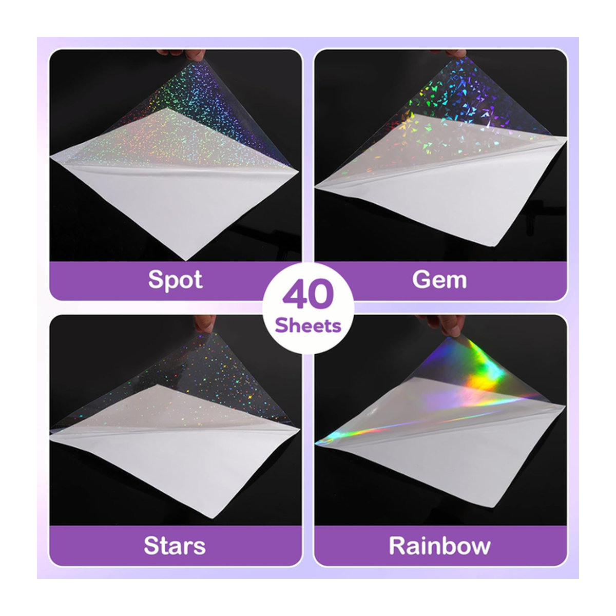 40 Blatt holografische Kaltlaminierungsfolie A4, selbstklebend, transparent, 4 Designs gemischt: Diamant, Regenbogen, Sterne und Punkte - Bild 1