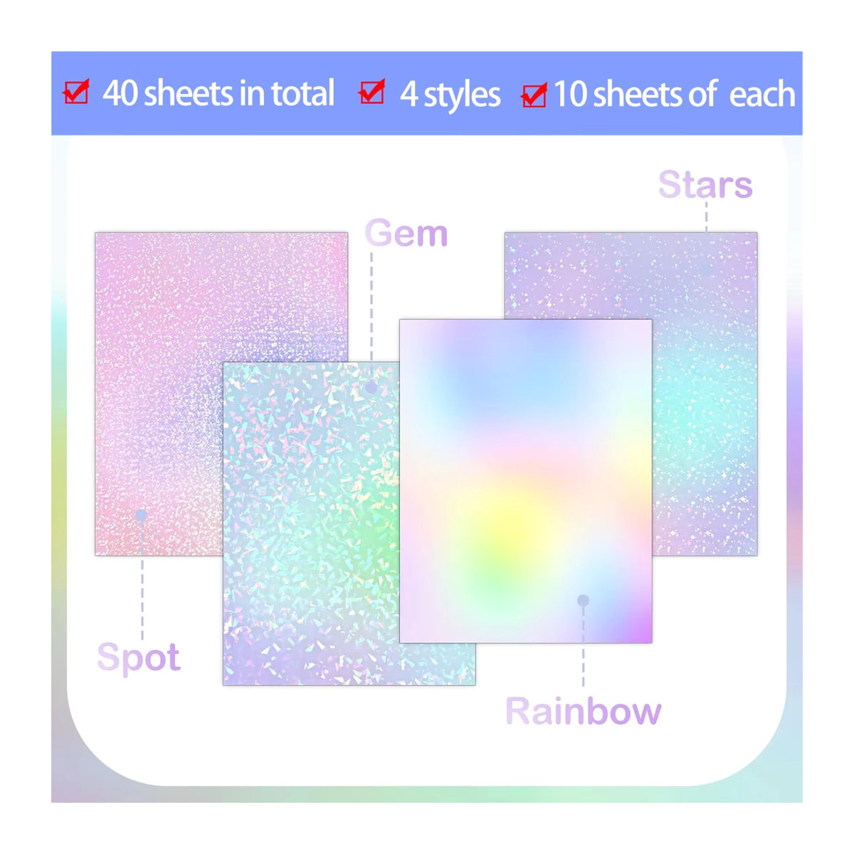 40 Blatt holografische Kaltlaminierungsfolie A4, selbstklebend, transparent, 4 Designs gemischt: Diamant, Regenbogen, Sterne und Punkte - Bild 2