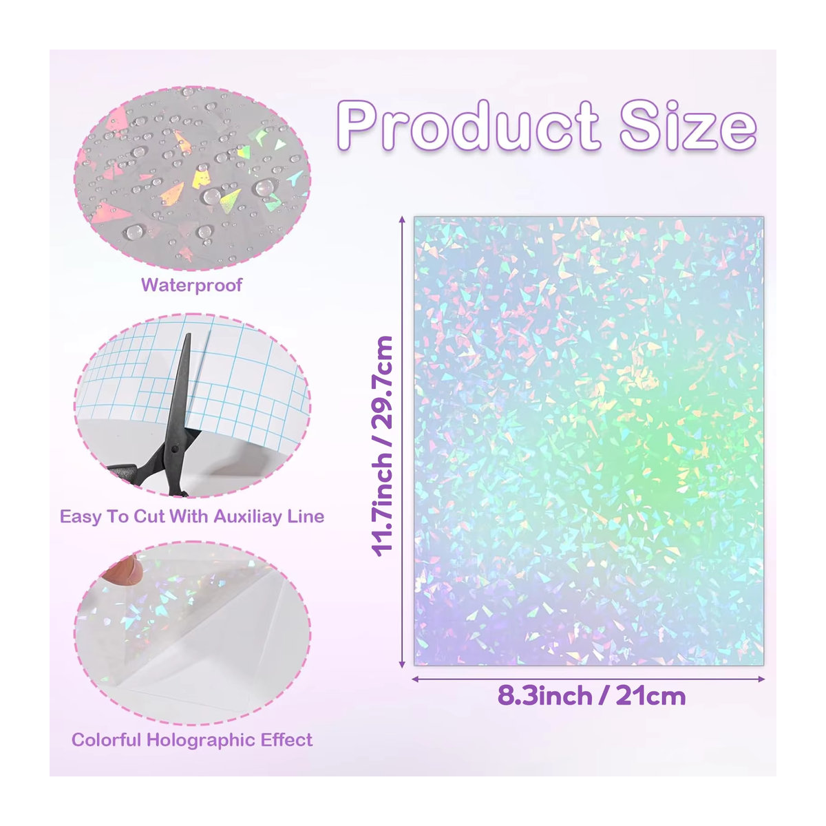 40 Blatt holografische Kaltlaminierungsfolie A4, selbstklebend, transparent, 4 Designs gemischt: Diamant, Regenbogen, Sterne und Punkte - Bild 3