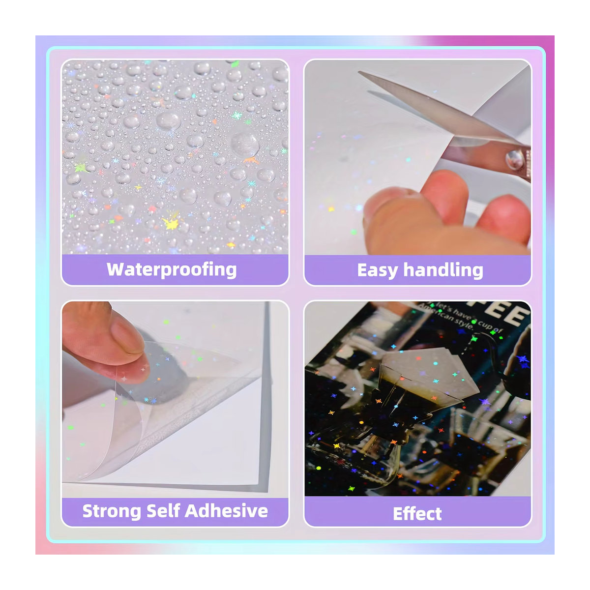 40 Blatt holografische Kaltlaminierungsfolie A4, selbstklebend, transparent, 4 Designs gemischt: Diamant, Regenbogen, Sterne und Punkte - Bild 4