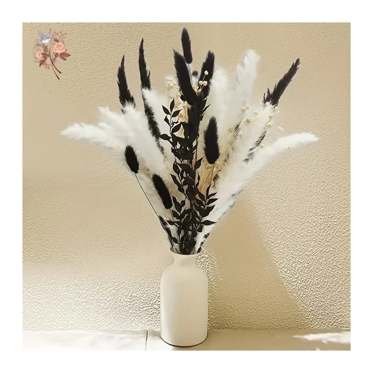 45 Stück getrocknete Blumen Set von YN HI FLOWER ENJOY YOUR LIFE in Schwarz und Weiß, flauschiges Pampasgras und Kaninchenschwanz-Gras für Halloween Dekoration und Wohnaccessoires - Bild 1