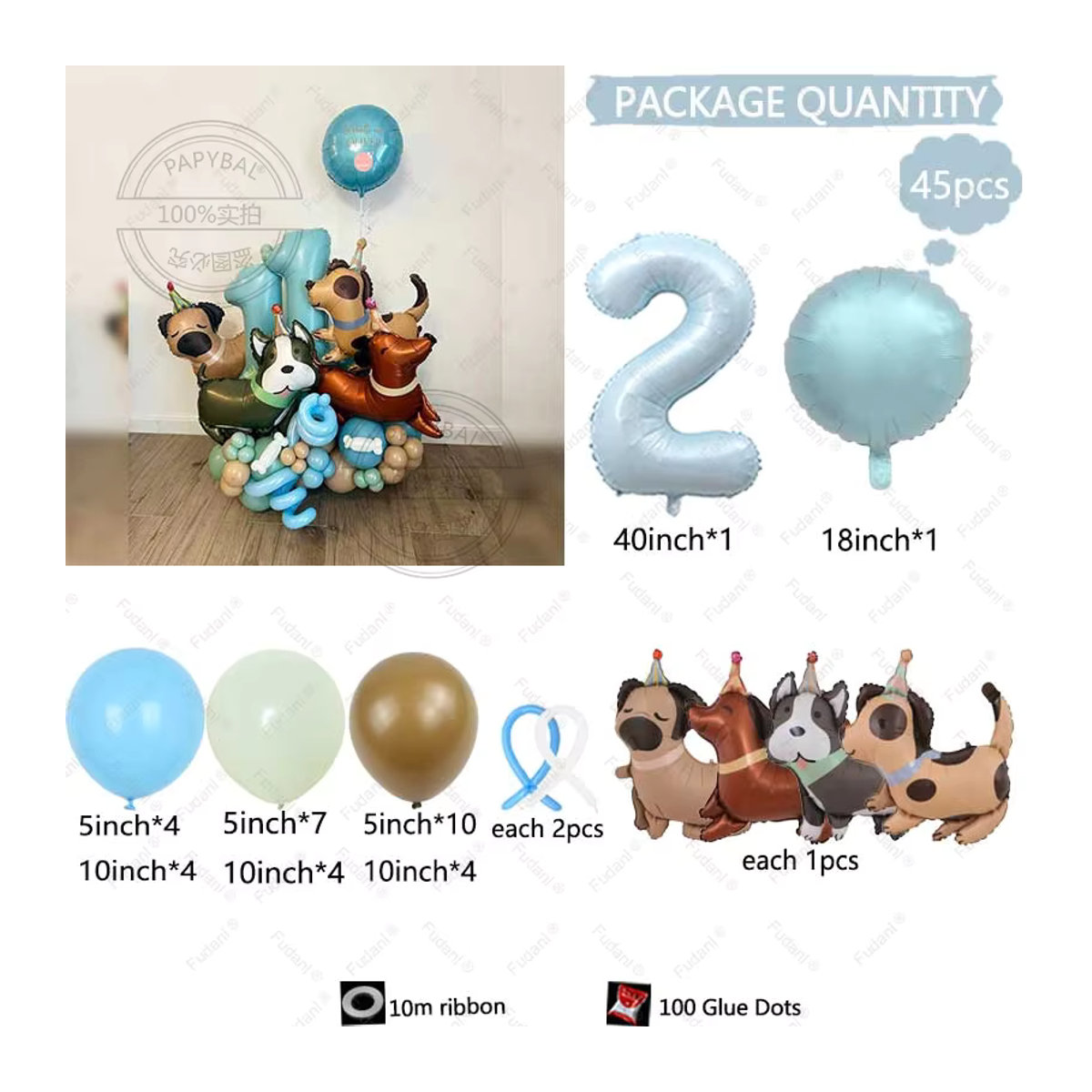 45 Stück Hund Thema Geburtstag Ballon Set mit Folienballons für Kinder, mehrfarbig - Bild 2