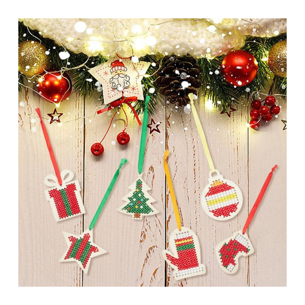 46-teiliges DIY-Weihnachtsbaum-Hängeornament-Set aus Holz in Blau, Weiß und Gelb mit Sternen und Figuren zur Weihnachtsdekoration - Bild 1