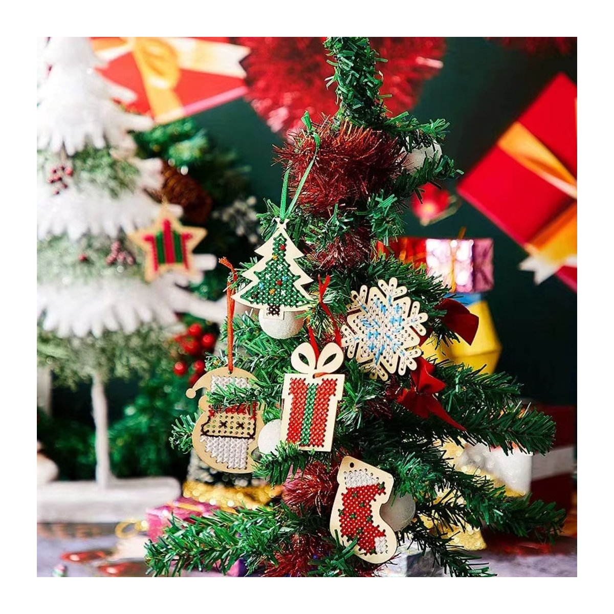 46-teiliges DIY-Weihnachtsbaum-Hängeornament-Set aus Holz in Blau, Weiß und Gelb mit Sternen und Figuren zur Weihnachtsdekoration - Bild 4