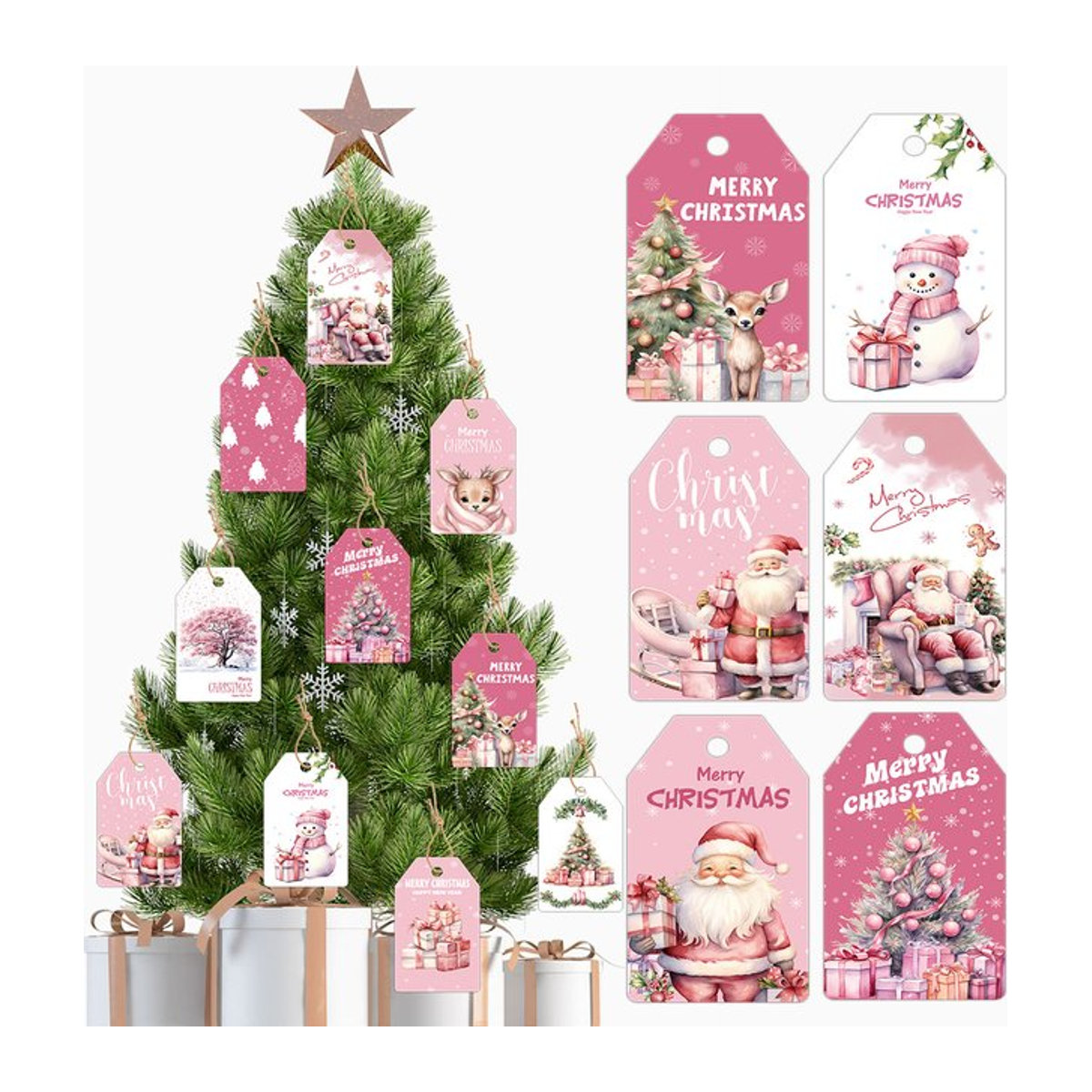 48 Stück Tissy Weihnachts Geschenkeanhänger aus Papier in Rosa mit Hirsch- und Weihnachtsmann-Motiven für DIY Dekorationen - Bild 1
