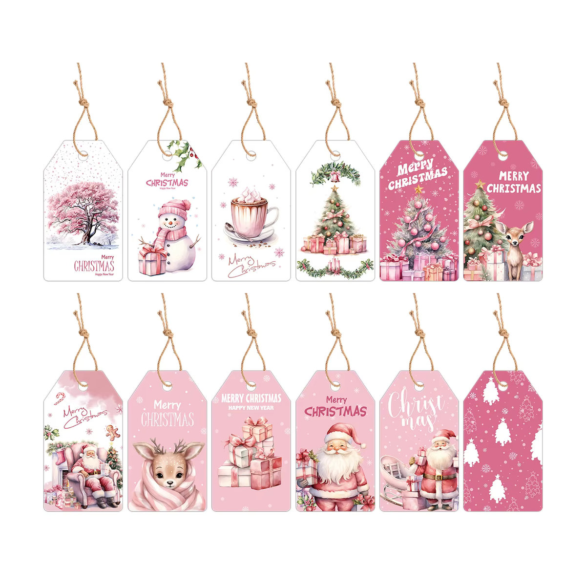 48 Stück Tissy Weihnachts Geschenkeanhänger aus Papier in Rosa mit Hirsch- und Weihnachtsmann-Motiven für DIY Dekorationen - Bild 2
