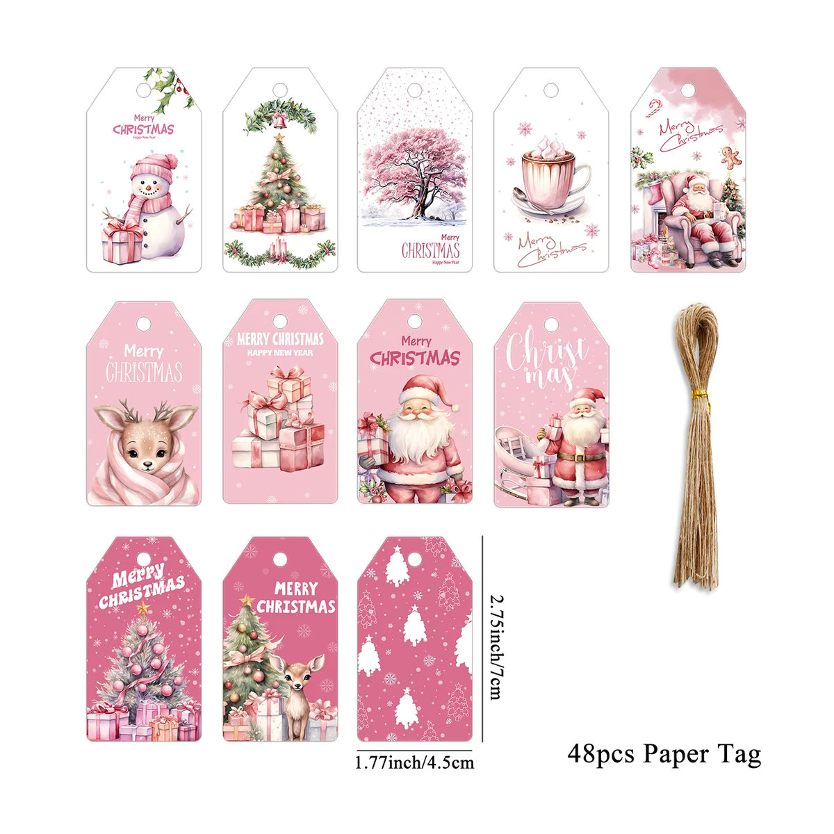 48 Stück Tissy Weihnachts Geschenkeanhänger aus Papier in Rosa mit Hirsch- und Weihnachtsmann-Motiven für DIY Dekorationen - Bild 3