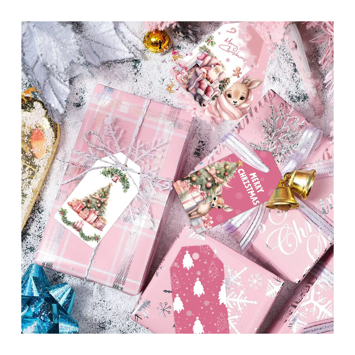 48 Stück Tissy Weihnachts Geschenkeanhänger aus Papier in Rosa mit Hirsch- und Weihnachtsmann-Motiven für DIY Dekorationen - Bild 4